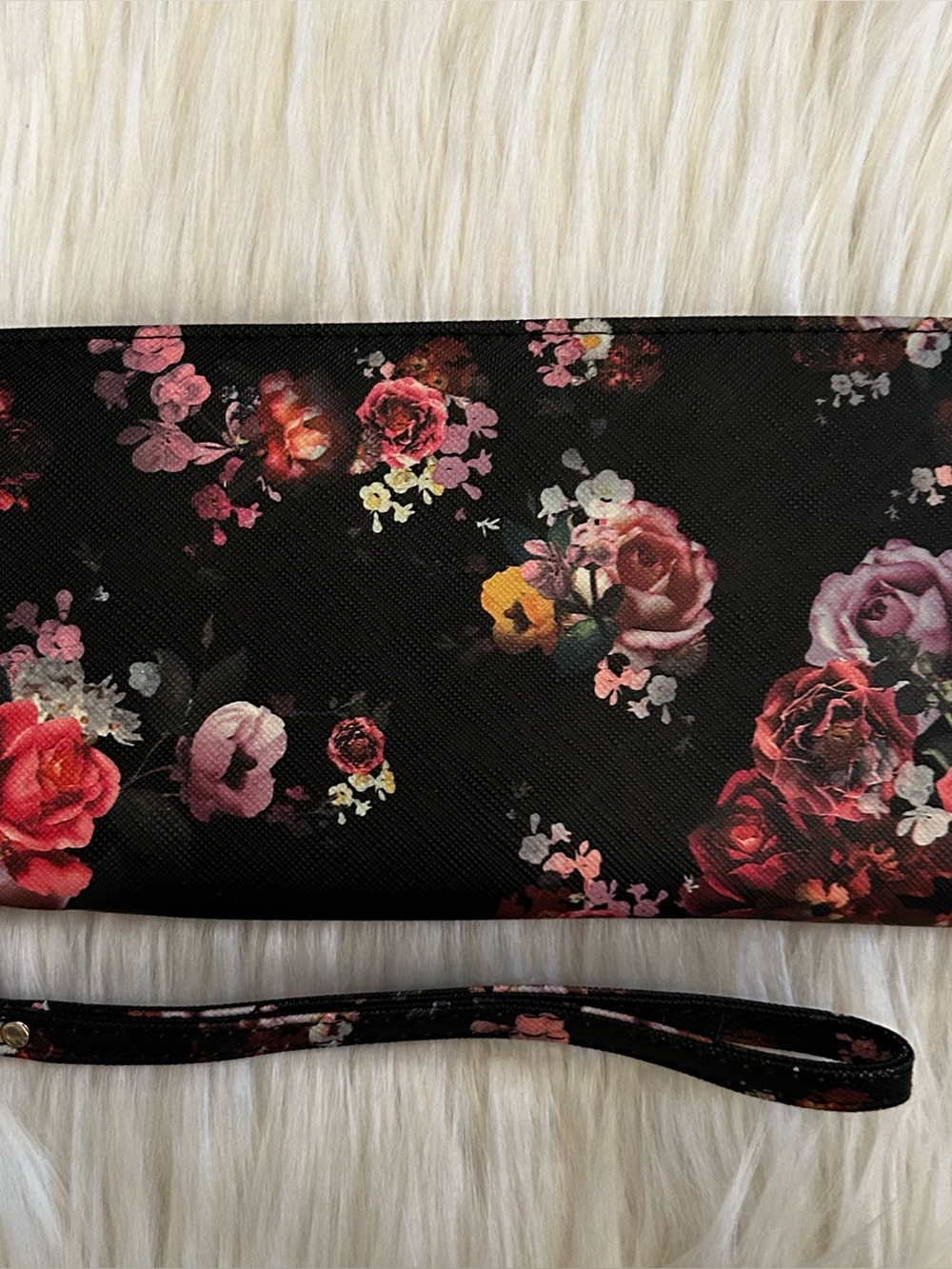 Floral Print Wristlet Clutch - Black with Pink & Red Roses